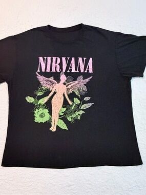 Nirvana | In Utero Angel | Black Graphic T-Shirt | Pink & Green | Size XL